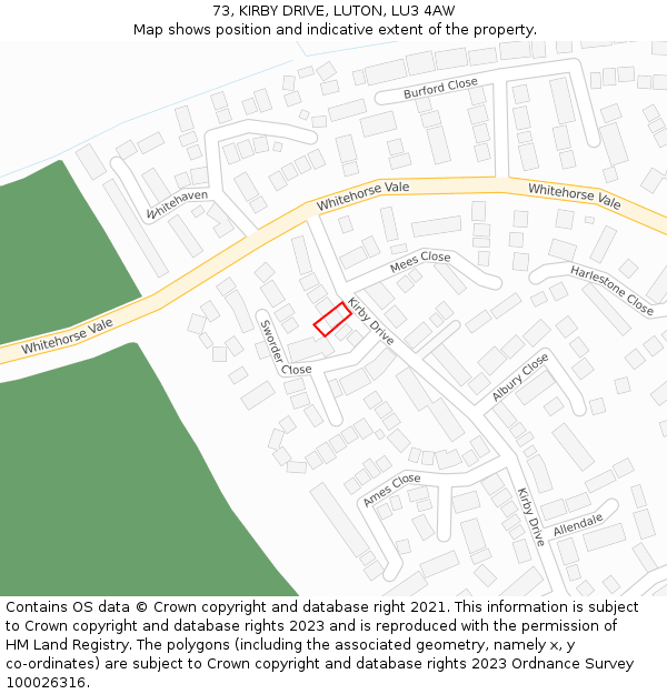 73, KIRBY DRIVE, LUTON, LU3 4AW: Location map and indicative extent of plot