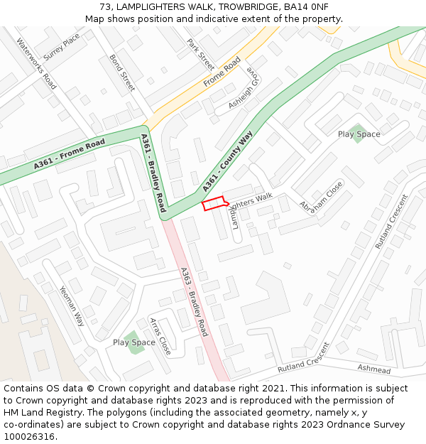 73, LAMPLIGHTERS WALK, TROWBRIDGE, BA14 0NF: Location map and indicative extent of plot