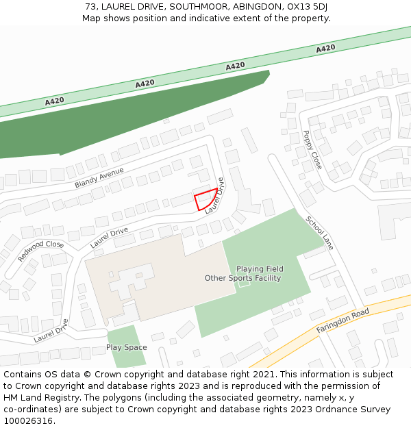 73, LAUREL DRIVE, SOUTHMOOR, ABINGDON, OX13 5DJ: Location map and indicative extent of plot