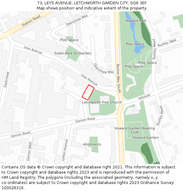 73, LEYS AVENUE, LETCHWORTH GARDEN CITY, SG6 3EF: Location map and indicative extent of plot