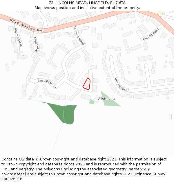 73, LINCOLNS MEAD, LINGFIELD, RH7 6TA: Location map and indicative extent of plot