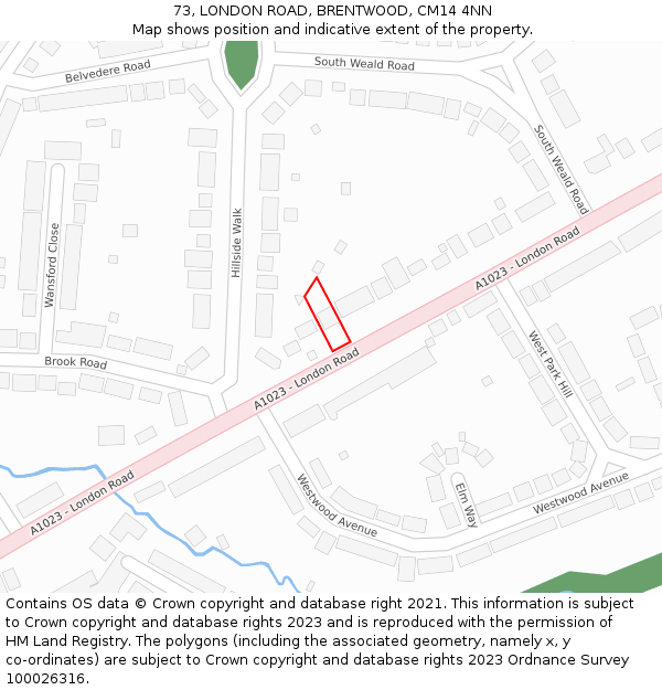 73, LONDON ROAD, BRENTWOOD, CM14 4NN: Location map and indicative extent of plot