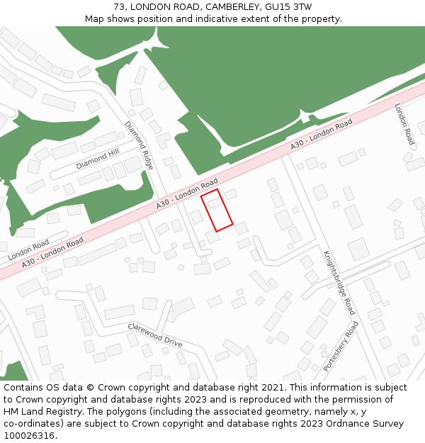 73, LONDON ROAD, CAMBERLEY, GU15 3TW: Location map and indicative extent of plot