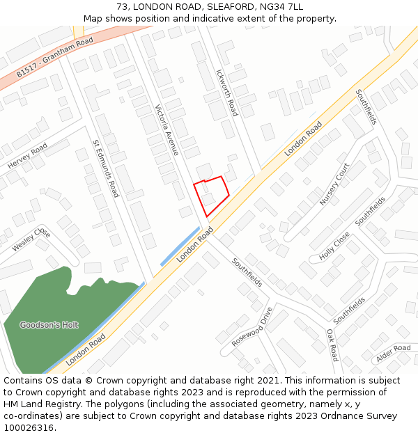 73, LONDON ROAD, SLEAFORD, NG34 7LL: Location map and indicative extent of plot