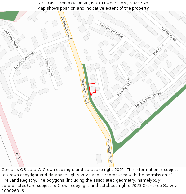 73, LONG BARROW DRIVE, NORTH WALSHAM, NR28 9YA: Location map and indicative extent of plot