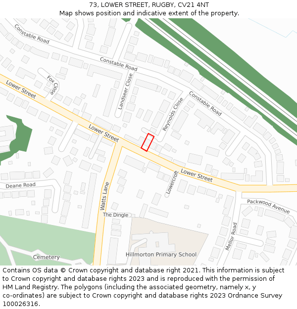73, LOWER STREET, RUGBY, CV21 4NT: Location map and indicative extent of plot