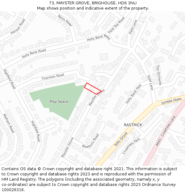 73, MAYSTER GROVE, BRIGHOUSE, HD6 3NU: Location map and indicative extent of plot