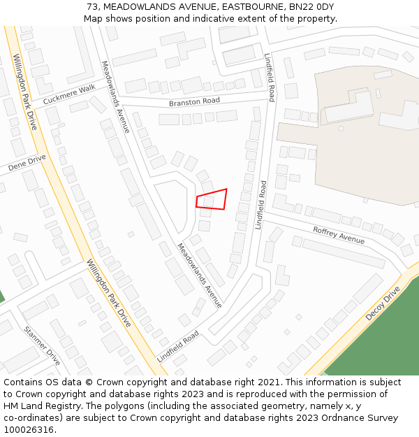73, MEADOWLANDS AVENUE, EASTBOURNE, BN22 0DY: Location map and indicative extent of plot