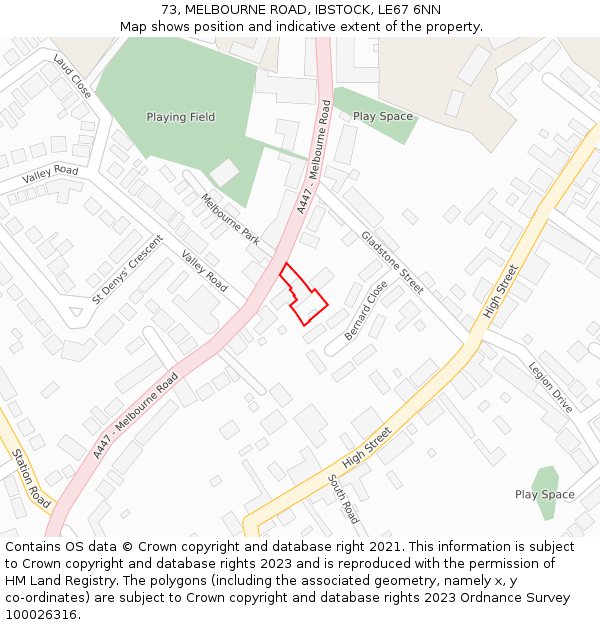 73, MELBOURNE ROAD, IBSTOCK, LE67 6NN: Location map and indicative extent of plot