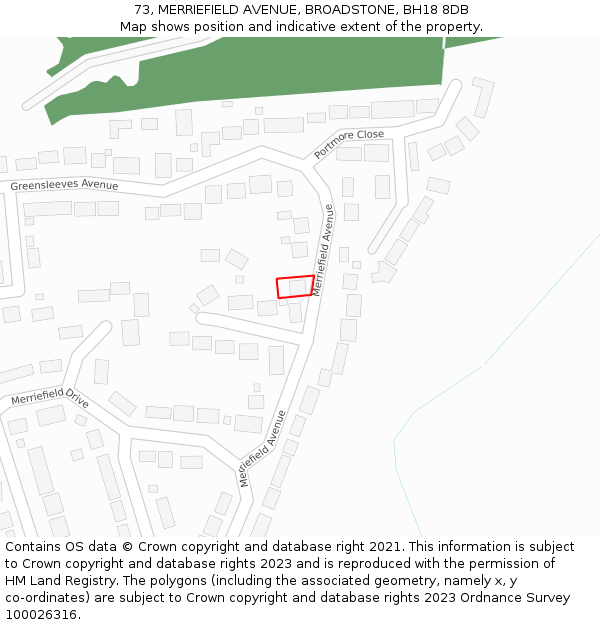 73, MERRIEFIELD AVENUE, BROADSTONE, BH18 8DB: Location map and indicative extent of plot