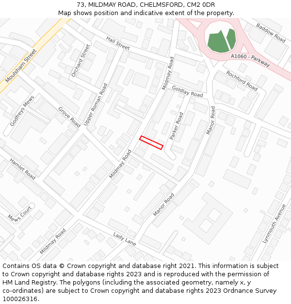 73, MILDMAY ROAD, CHELMSFORD, CM2 0DR: Location map and indicative extent of plot