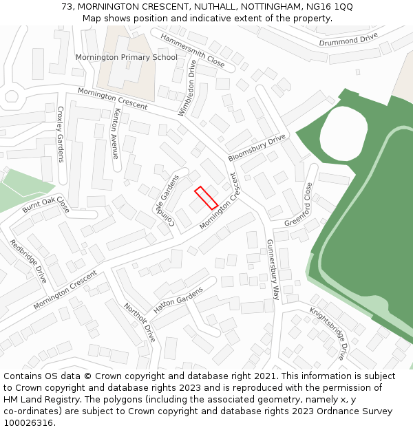 73, MORNINGTON CRESCENT, NUTHALL, NOTTINGHAM, NG16 1QQ: Location map and indicative extent of plot