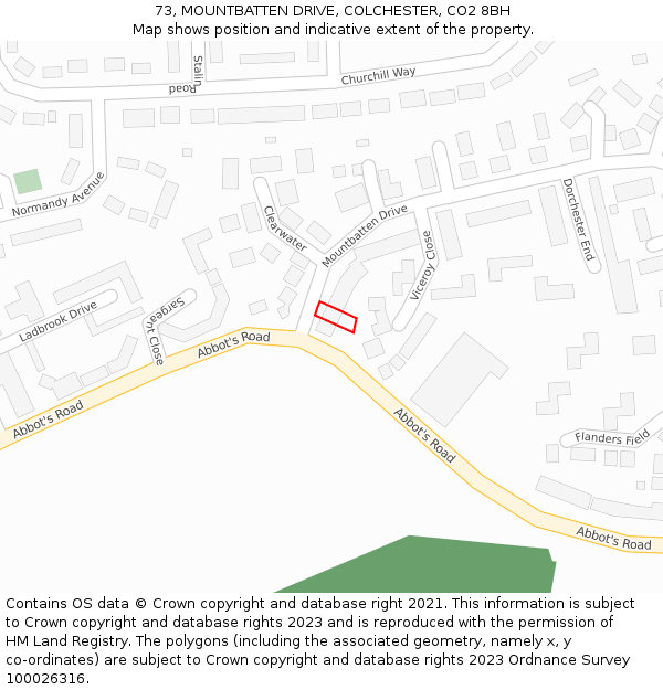 73, MOUNTBATTEN DRIVE, COLCHESTER, CO2 8BH: Location map and indicative extent of plot