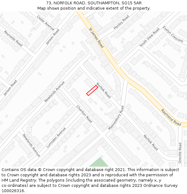 73, NORFOLK ROAD, SOUTHAMPTON, SO15 5AR: Location map and indicative extent of plot