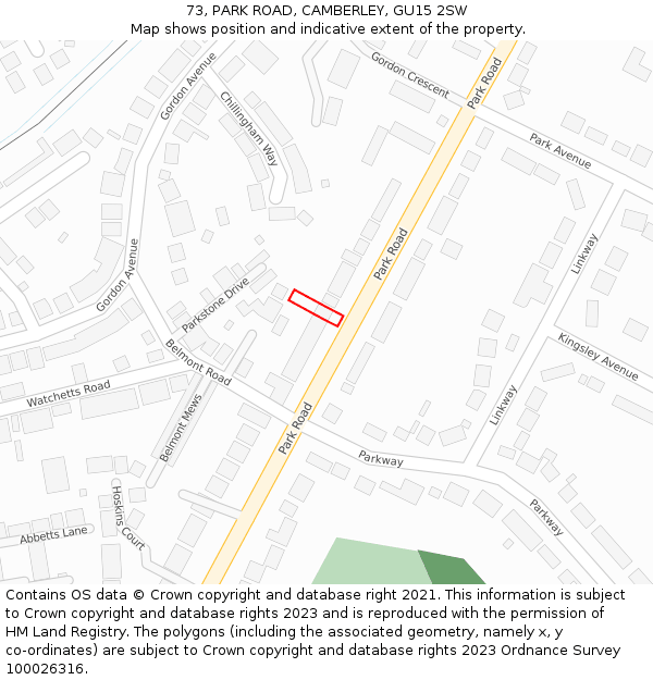73, PARK ROAD, CAMBERLEY, GU15 2SW: Location map and indicative extent of plot
