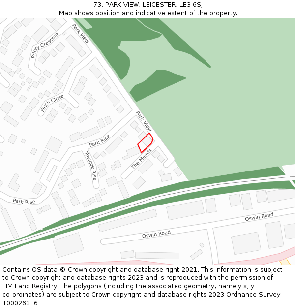 73, PARK VIEW, LEICESTER, LE3 6SJ: Location map and indicative extent of plot