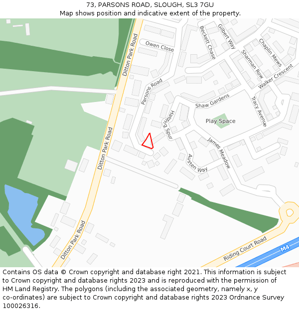 73, PARSONS ROAD, SLOUGH, SL3 7GU: Location map and indicative extent of plot