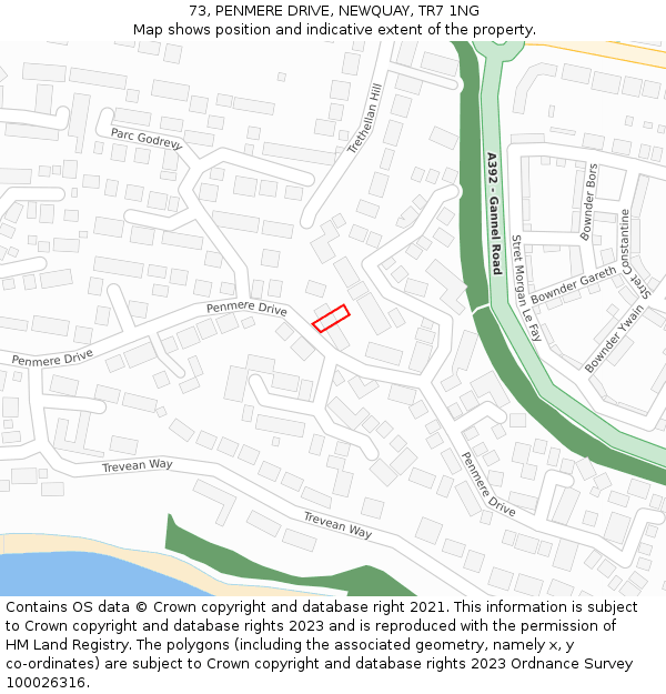73, PENMERE DRIVE, NEWQUAY, TR7 1NG: Location map and indicative extent of plot