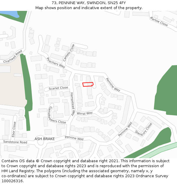 73, PENNINE WAY, SWINDON, SN25 4FY: Location map and indicative extent of plot