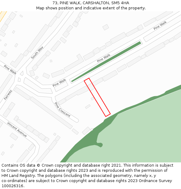 73, PINE WALK, CARSHALTON, SM5 4HA: Location map and indicative extent of plot