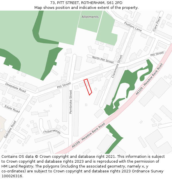 73, PITT STREET, ROTHERHAM, S61 2PD: Location map and indicative extent of plot