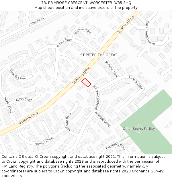 73, PRIMROSE CRESCENT, WORCESTER, WR5 3HQ: Location map and indicative extent of plot