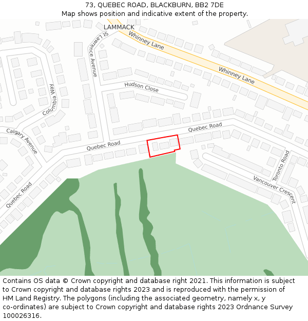 73, QUEBEC ROAD, BLACKBURN, BB2 7DE: Location map and indicative extent of plot