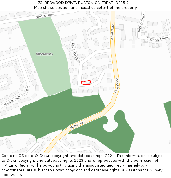 73, REDWOOD DRIVE, BURTON-ON-TRENT, DE15 9HL: Location map and indicative extent of plot