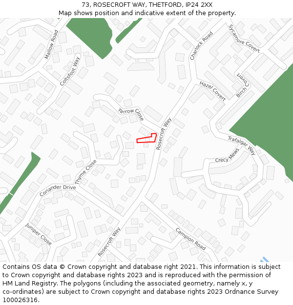 73, ROSECROFT WAY, THETFORD, IP24 2XX: Location map and indicative extent of plot