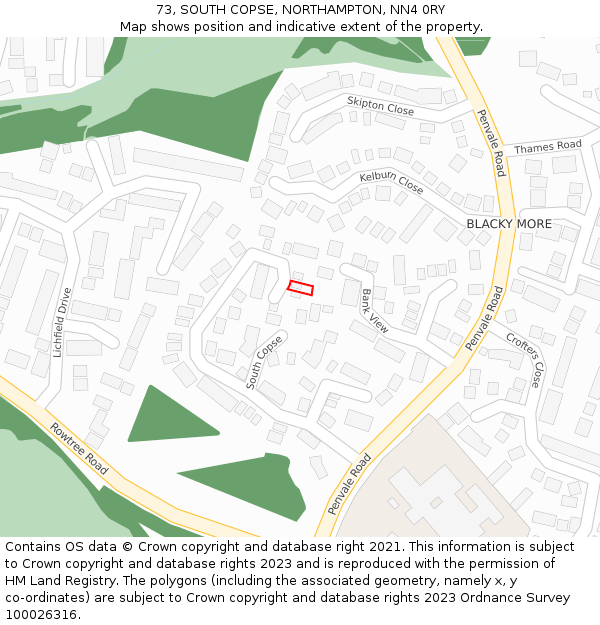73, SOUTH COPSE, NORTHAMPTON, NN4 0RY: Location map and indicative extent of plot