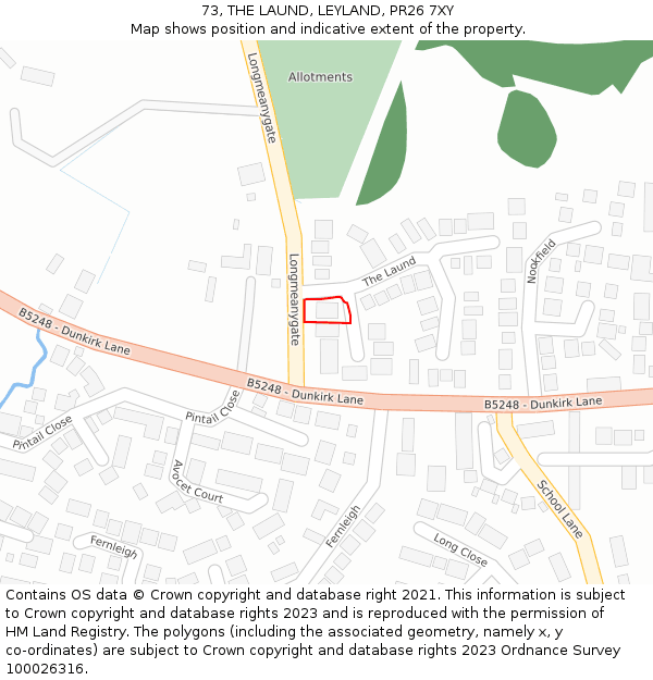 73, THE LAUND, LEYLAND, PR26 7XY: Location map and indicative extent of plot