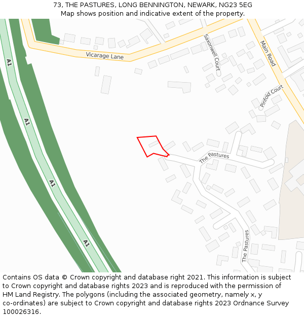 73, THE PASTURES, LONG BENNINGTON, NEWARK, NG23 5EG: Location map and indicative extent of plot