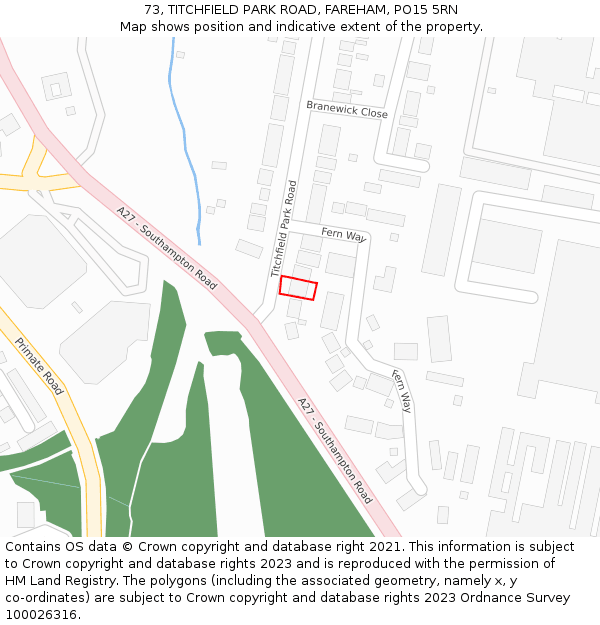 73, TITCHFIELD PARK ROAD, FAREHAM, PO15 5RN: Location map and indicative extent of plot