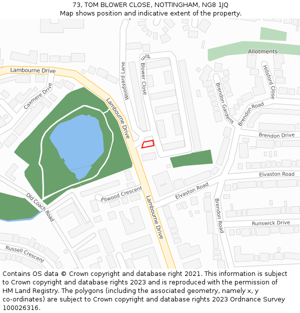 73, TOM BLOWER CLOSE, NOTTINGHAM, NG8 1JQ: Location map and indicative extent of plot