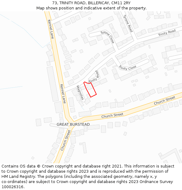 73, TRINITY ROAD, BILLERICAY, CM11 2RY: Location map and indicative extent of plot