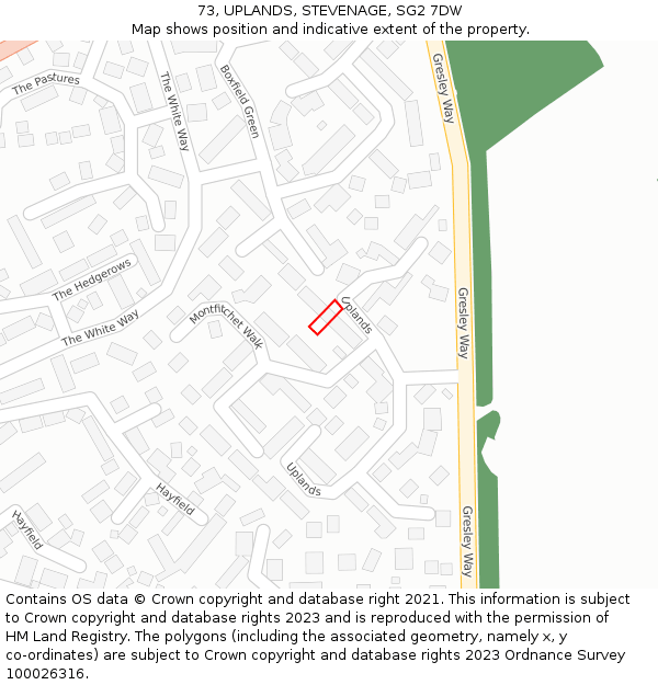 73, UPLANDS, STEVENAGE, SG2 7DW: Location map and indicative extent of plot