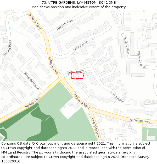 73, VITRE GARDENS, LYMINGTON, SO41 3NB: Location map and indicative extent of plot