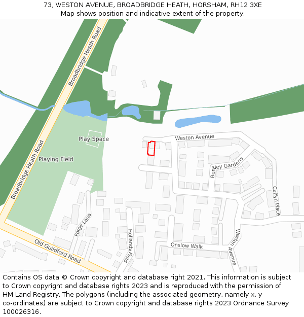 73, WESTON AVENUE, BROADBRIDGE HEATH, HORSHAM, RH12 3XE: Location map and indicative extent of plot