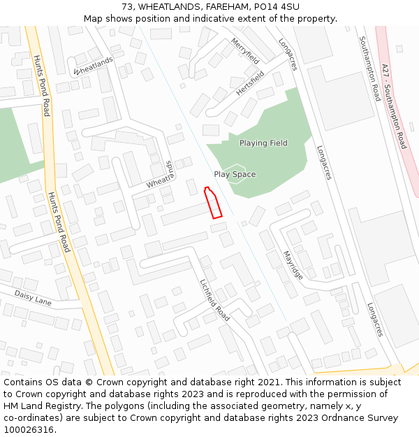 73, WHEATLANDS, FAREHAM, PO14 4SU: Location map and indicative extent of plot