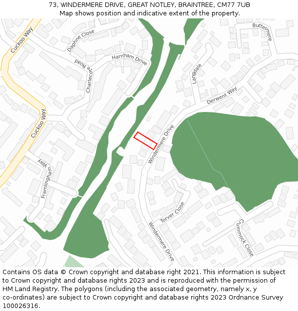 73, WINDERMERE DRIVE, GREAT NOTLEY, BRAINTREE, CM77 7UB: Location map and indicative extent of plot