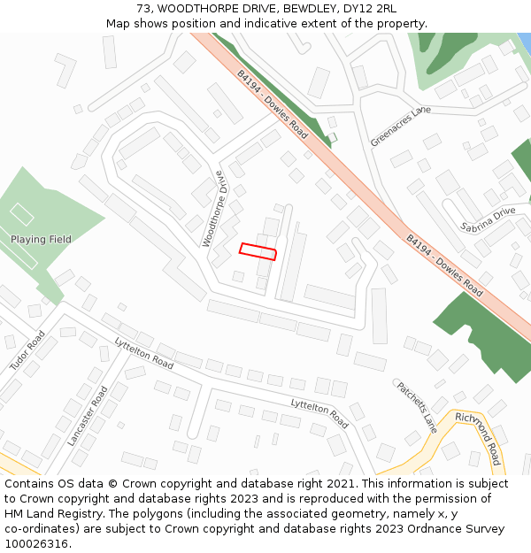 73, WOODTHORPE DRIVE, BEWDLEY, DY12 2RL: Location map and indicative extent of plot