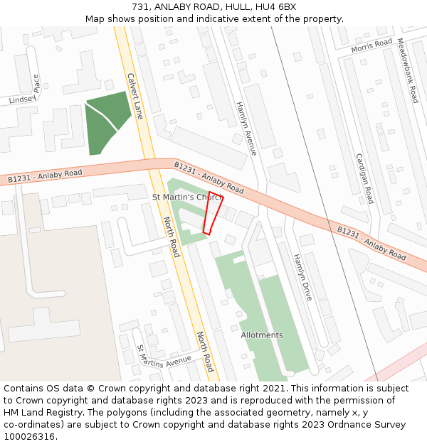 731, ANLABY ROAD, HULL, HU4 6BX: Location map and indicative extent of plot