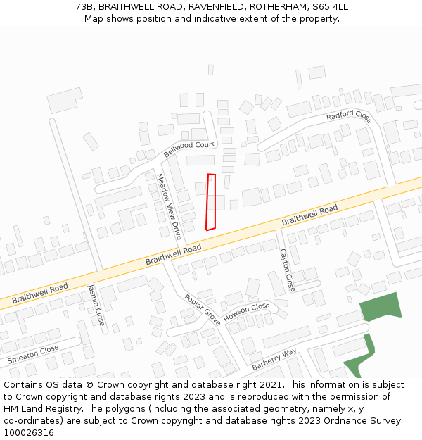 73B, BRAITHWELL ROAD, RAVENFIELD, ROTHERHAM, S65 4LL: Location map and indicative extent of plot