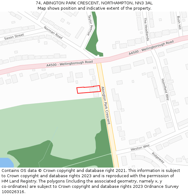 74, ABINGTON PARK CRESCENT, NORTHAMPTON, NN3 3AL: Location map and indicative extent of plot