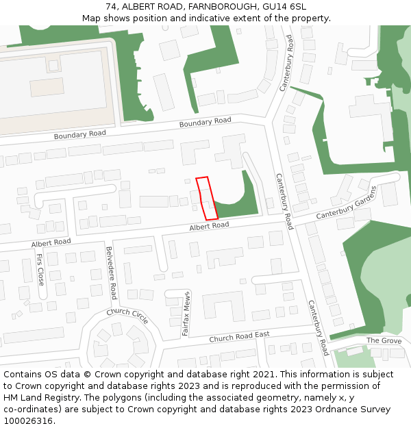 74, ALBERT ROAD, FARNBOROUGH, GU14 6SL: Location map and indicative extent of plot
