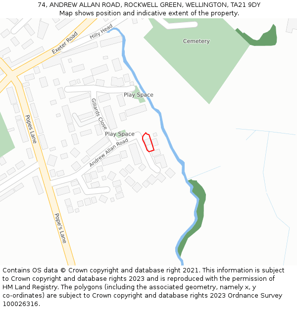 74, ANDREW ALLAN ROAD, ROCKWELL GREEN, WELLINGTON, TA21 9DY: Location map and indicative extent of plot