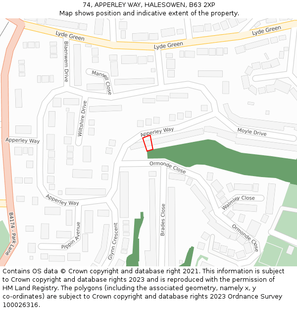 74, APPERLEY WAY, HALESOWEN, B63 2XP: Location map and indicative extent of plot