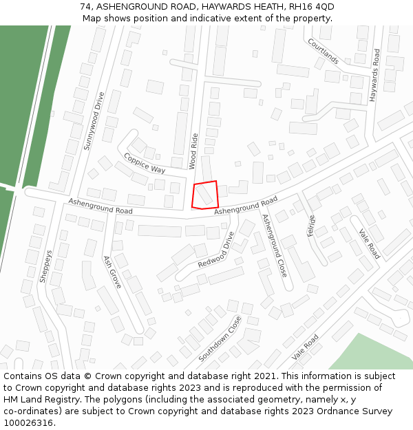 74, ASHENGROUND ROAD, HAYWARDS HEATH, RH16 4QD: Location map and indicative extent of plot