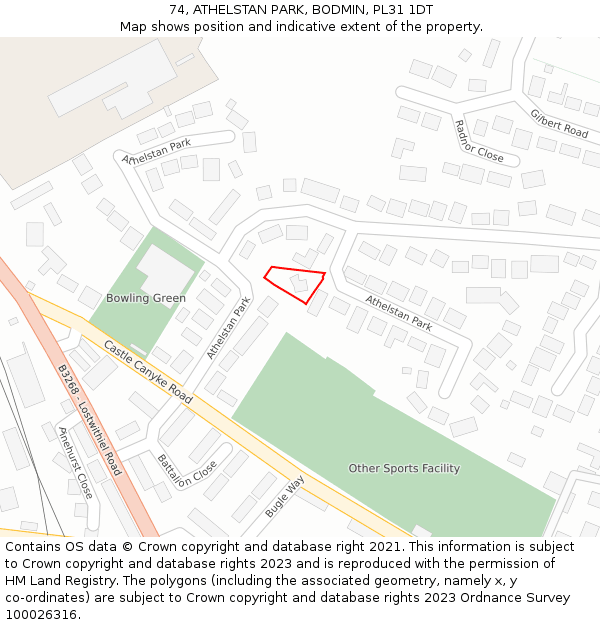 74, ATHELSTAN PARK, BODMIN, PL31 1DT: Location map and indicative extent of plot