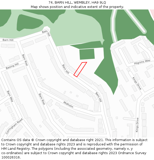 74, BARN HILL, WEMBLEY, HA9 9LQ: Location map and indicative extent of plot